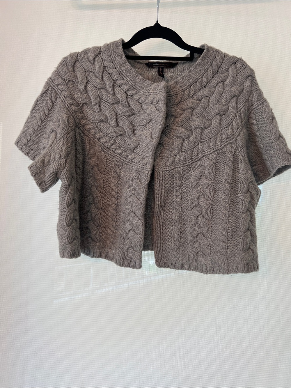 BCBGMaxAzria Gray Wool Cable Knit Short-Sleeve cropped Cardigan/Shrug Sweater